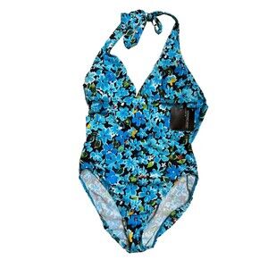 NWT Newport News Plus Size 18 Women’s Swimsuit One Piece Halter Blue Floral